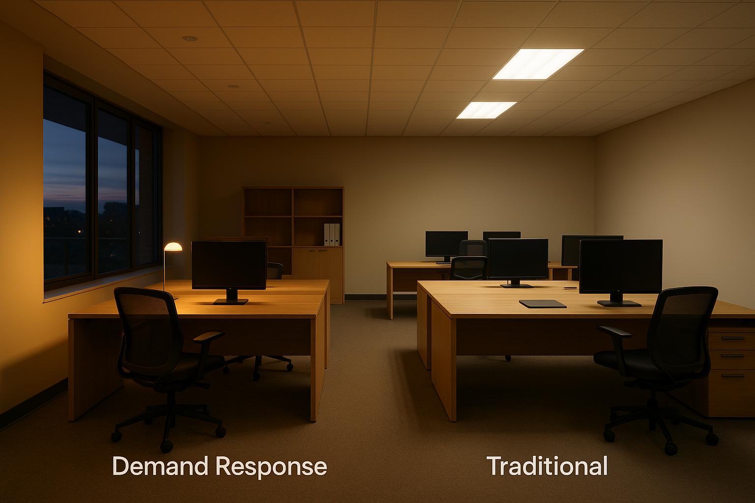 Empty office with computers at dusk, comparing demand response and traditional workspace