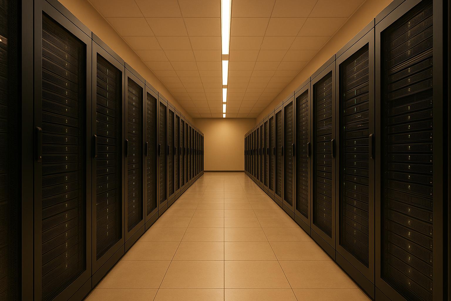Server room with rows of dark server racks and warm overhead lighting