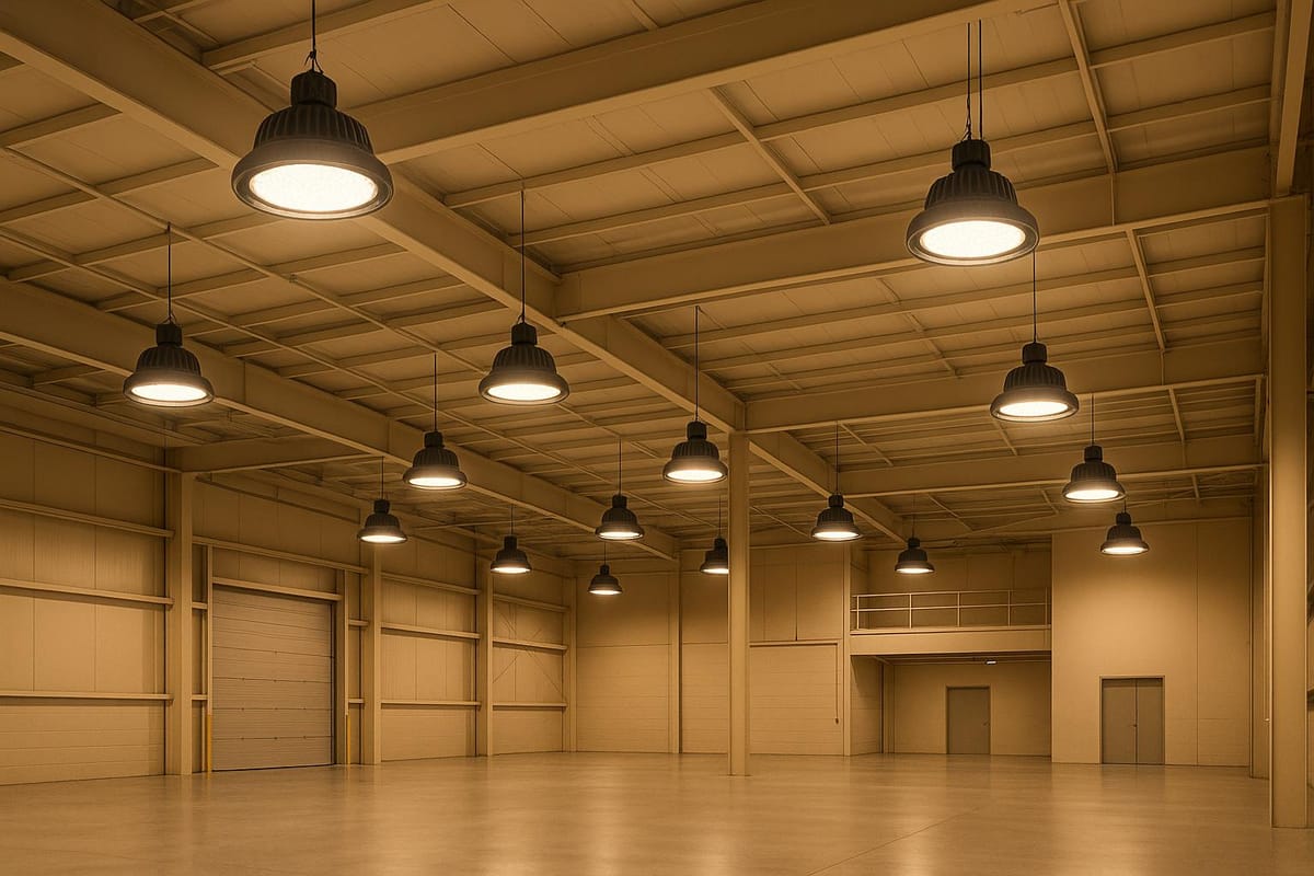 Empty warehouse interior with industrial pendant lights and wooden walls