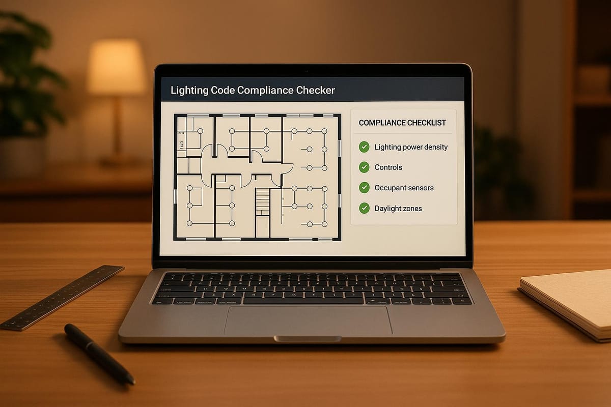 Laptop screen showing lighting code compliance checker with floor plan