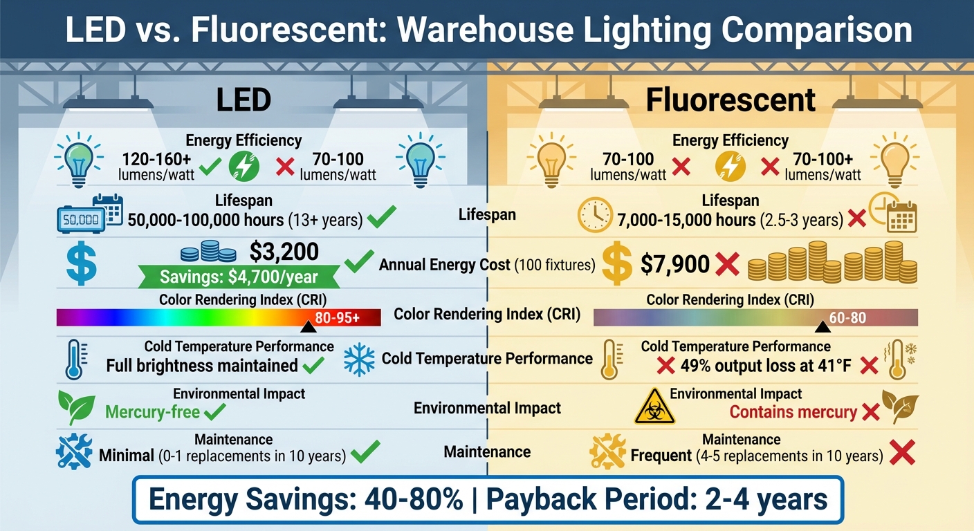 LED vs Fluorescent Warehouse Lighting Comparison: Energy, Cost & Performance
