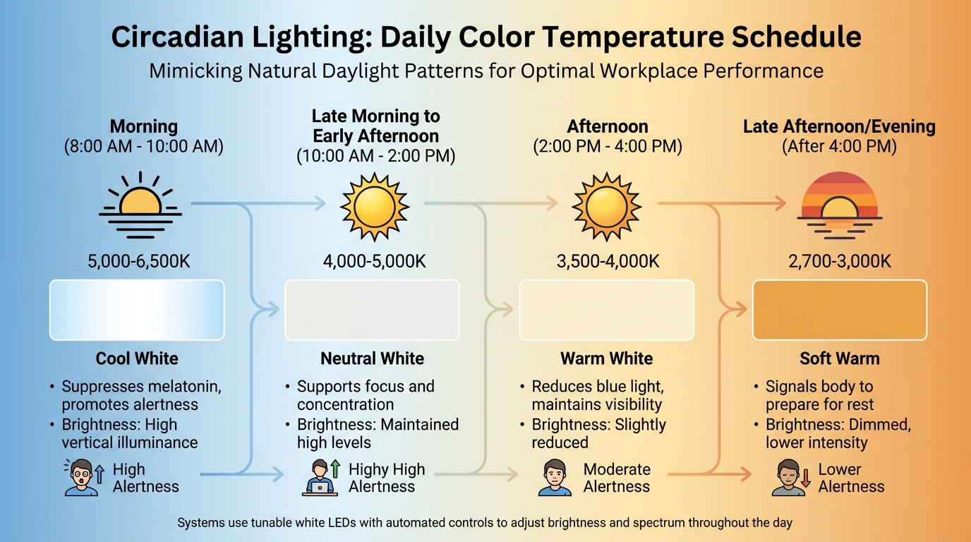 Daily Circadian Lighting Schedule: Color Temperature and Brightness Changes Throughout the Workday