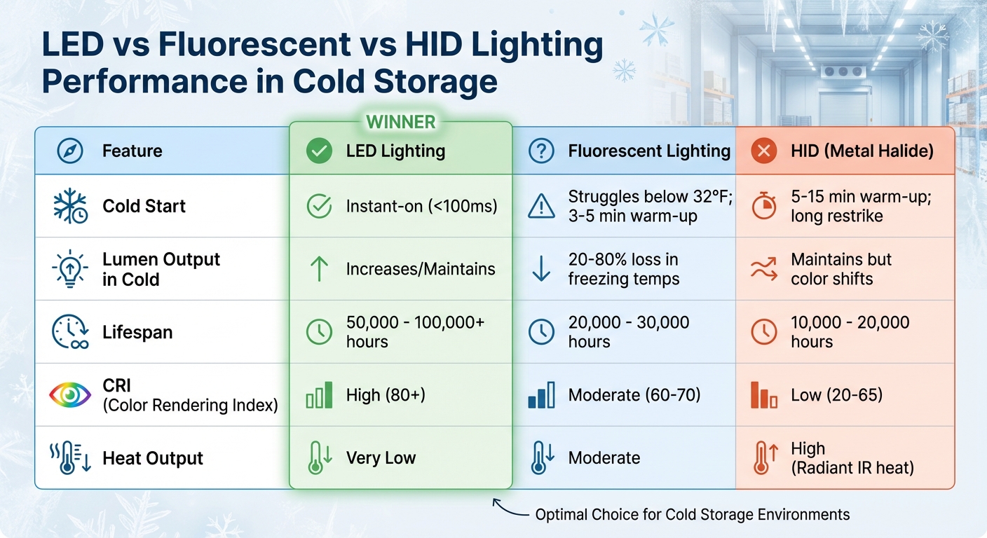 LED vs Fluorescent vs HID Lighting Performance in Cold Storage Facilities