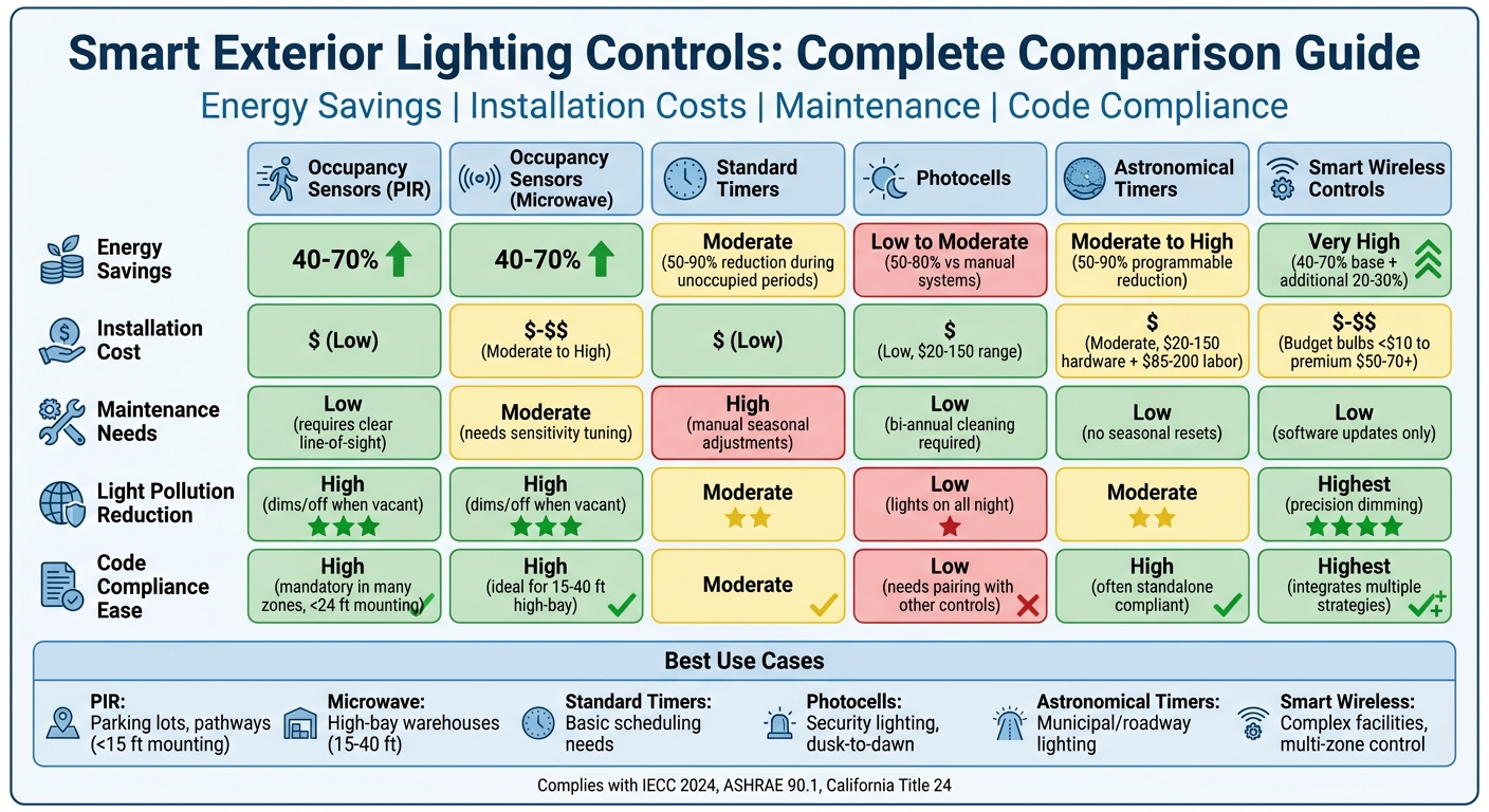 Smart Exterior Lighting Controls Comparison: Energy Savings, Costs & Compliance