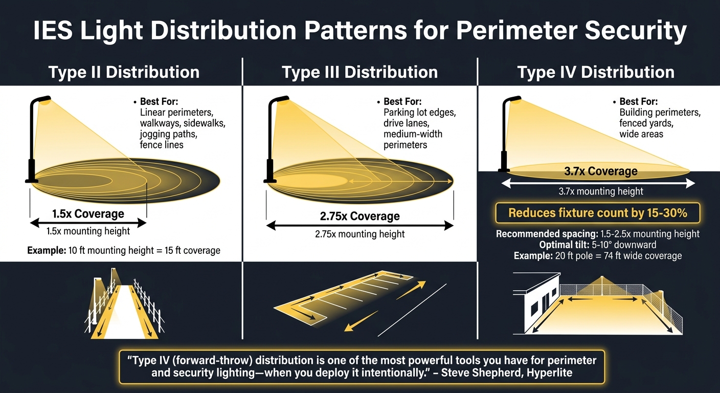 IES Light Distribution Patterns for Perimeter Security: Type II, III, and IV Comparison