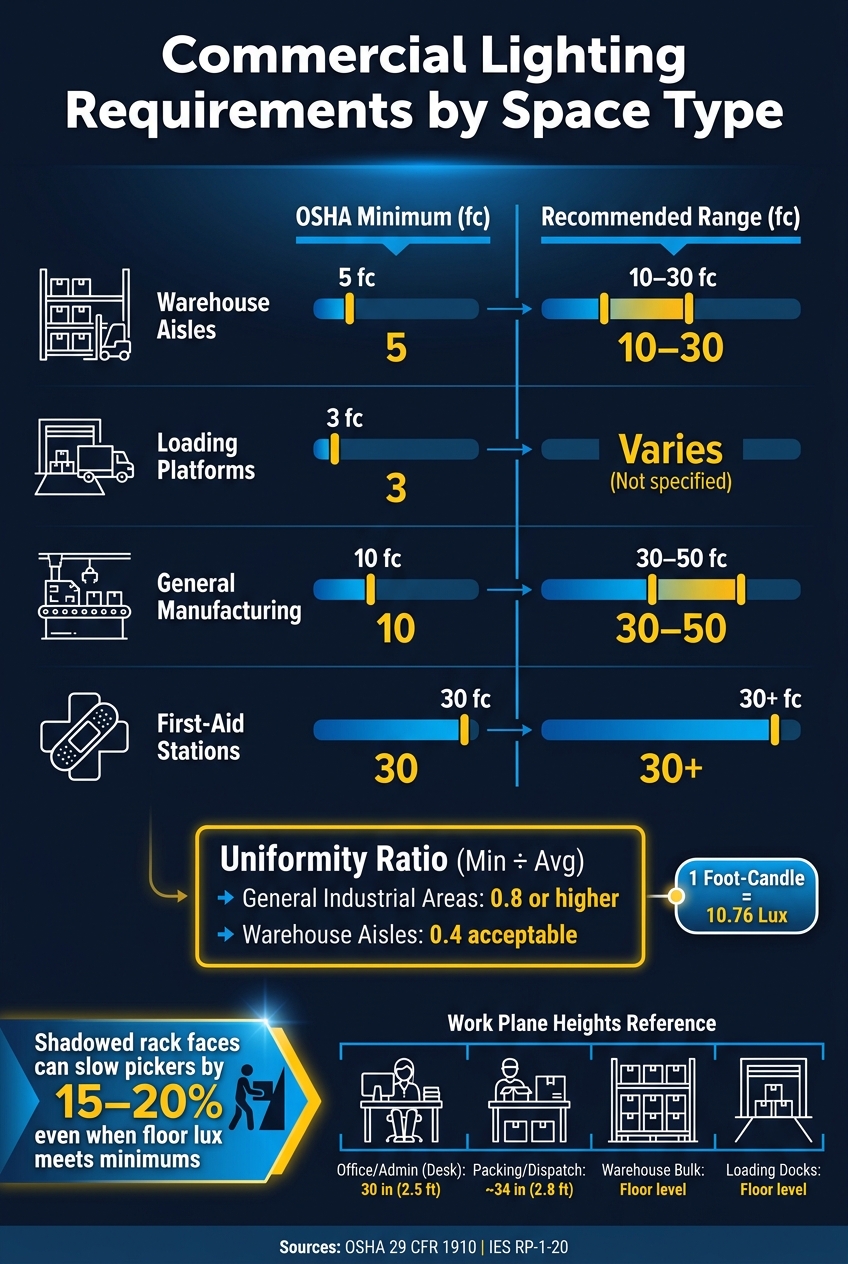 Commercial Lighting Standards: OSHA Minimums vs. Recommended Foot-Candles by Space Type