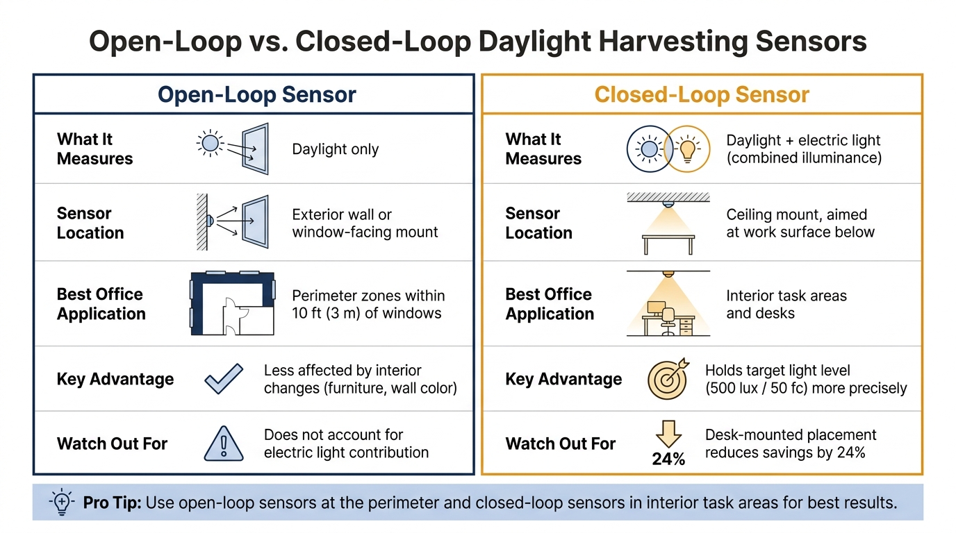 Open-Loop vs. Closed-Loop Daylight Harvesting Sensors: Office Guide