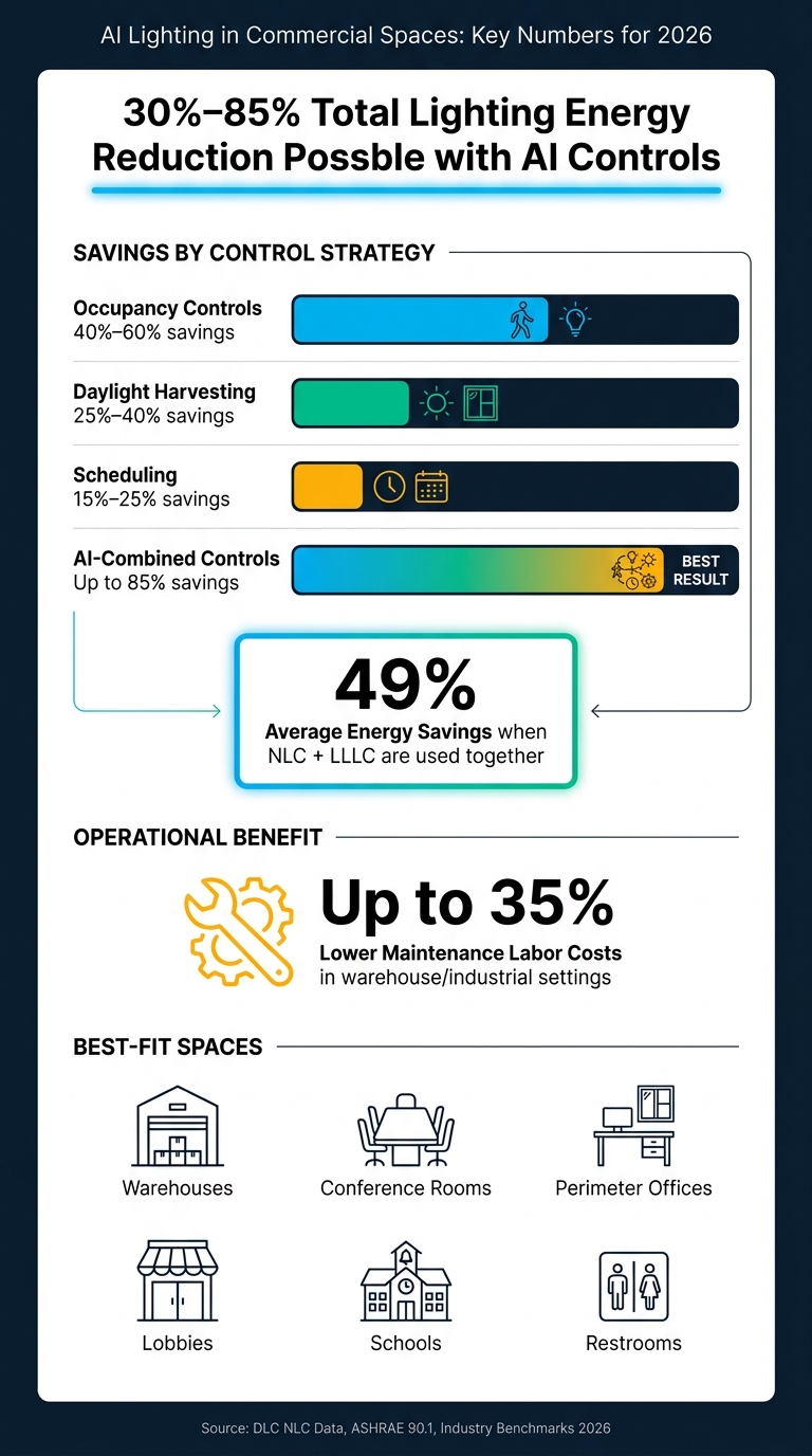 AI Lighting Energy Savings by Control Strategy (2026)