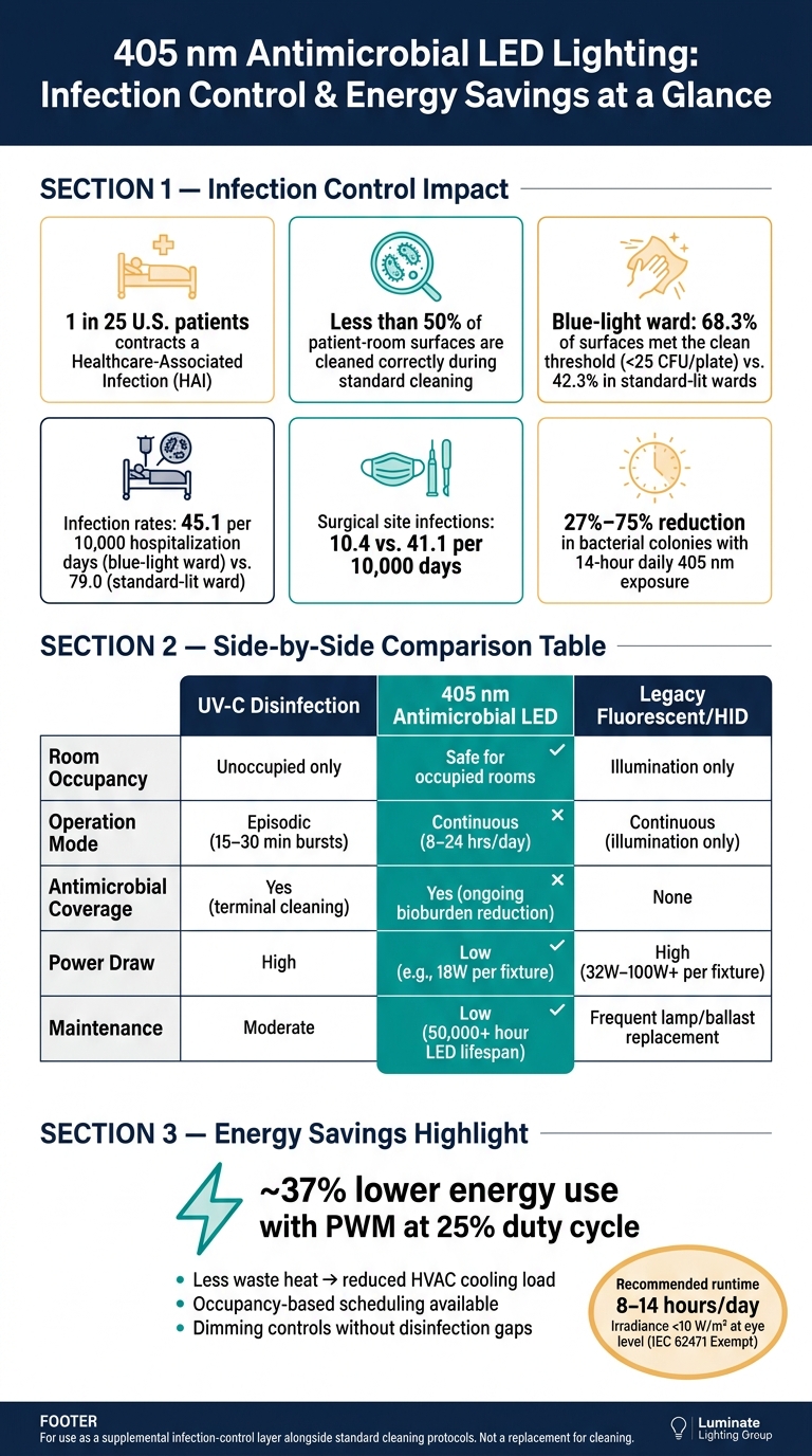 405 nm Antimicrobial LED vs. UV-C vs. Legacy Lighting: Key Metrics for Healthcare Facilities