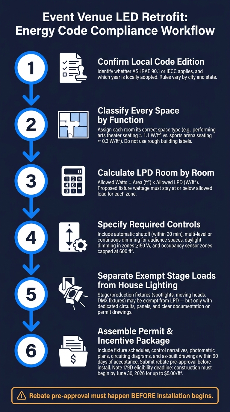 Event Venue LED Retrofit: Energy Code Compliance Workflow