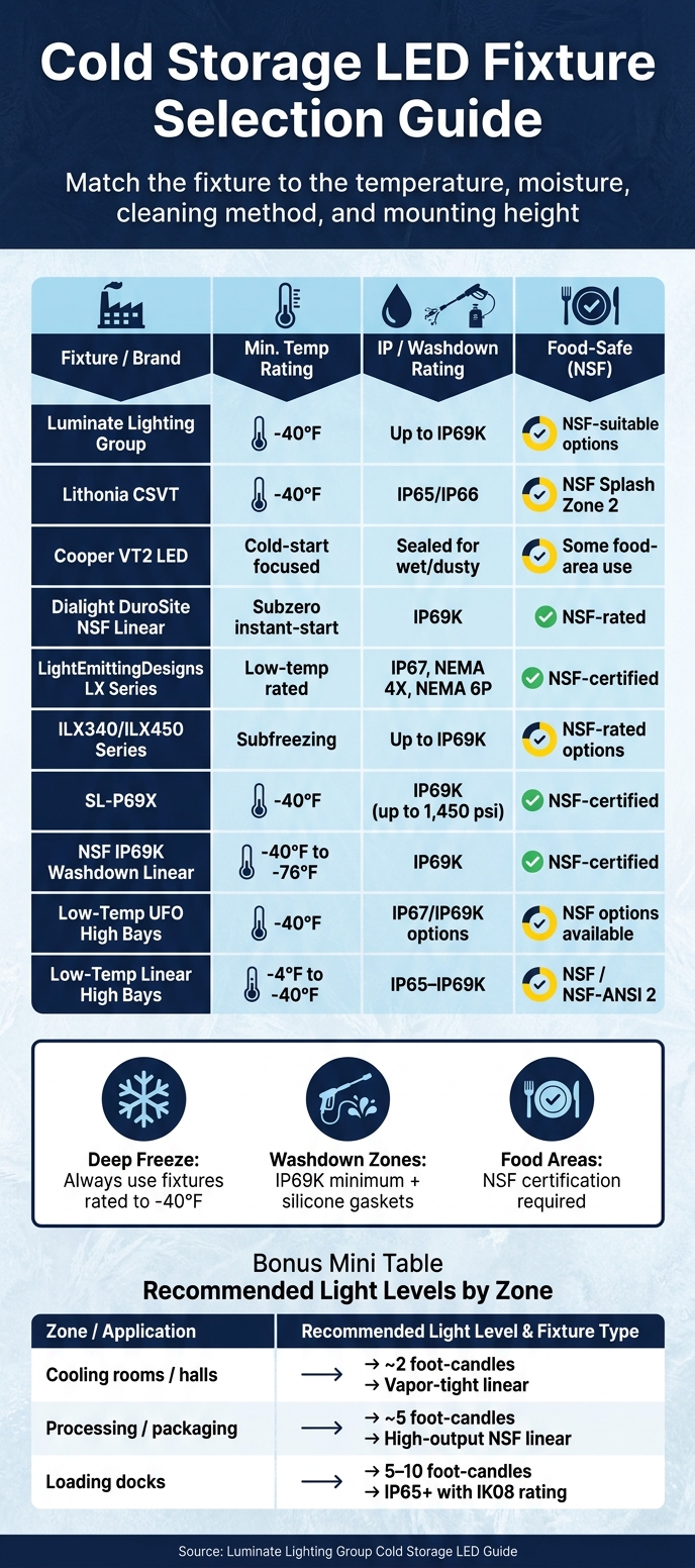 Cold Storage LED Fixture Comparison: IP Rating, Temp & NSF Guide