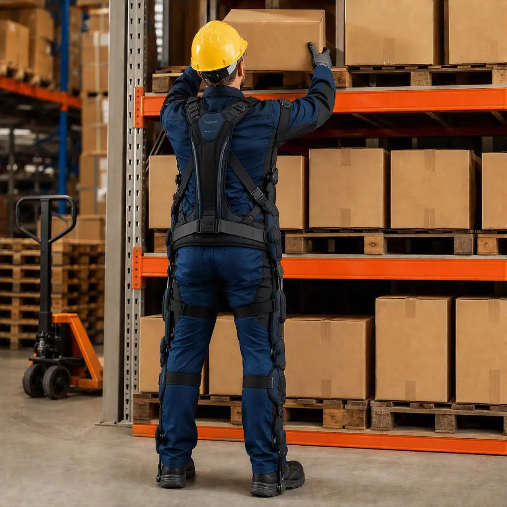 A man wearing a passive exoskeleton is stacking boxes on a shelf