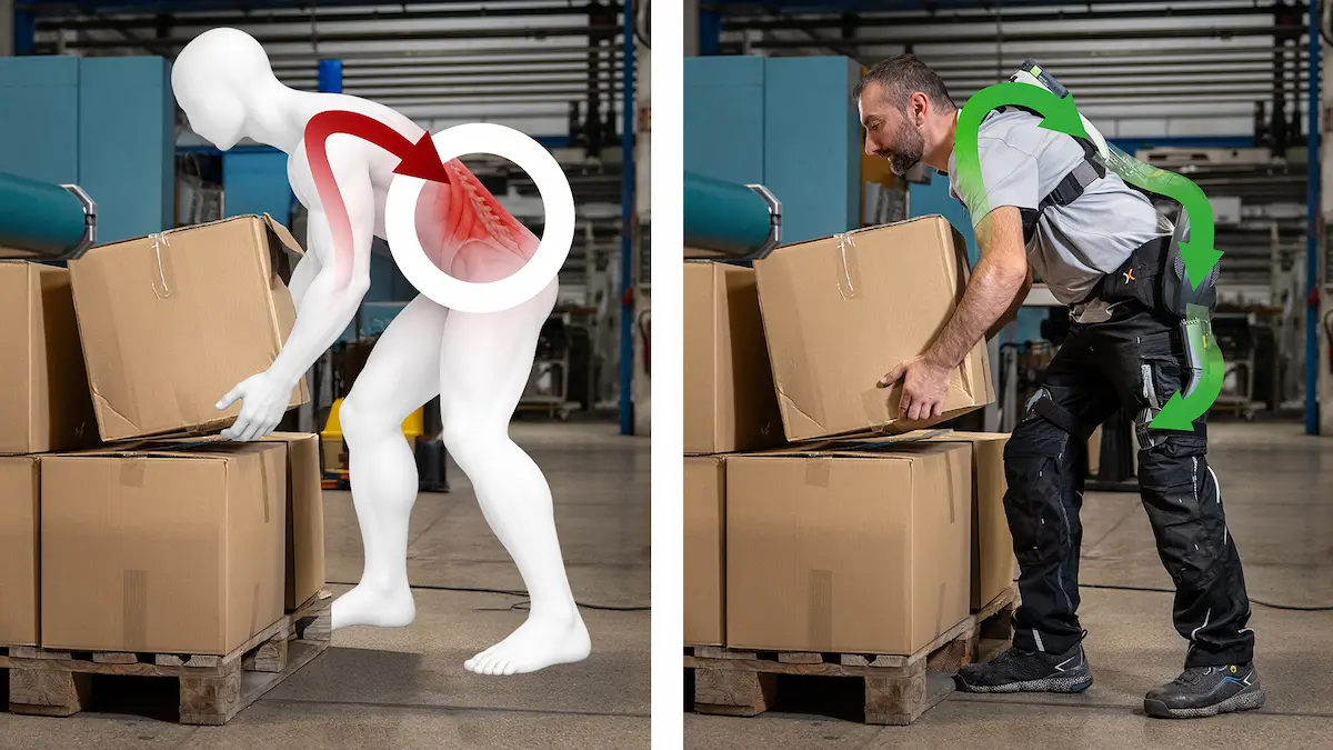 Vergleich der Lastverteilung beim Heben von Lasten mit und ohne Rücken-Exoskelett