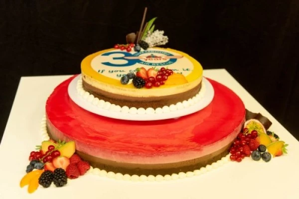 Gâteau d’anniversaire Luxembourg Air Rescue décoré de fruits, célébrant une étape importante dans les services d’ambulance aérienne.