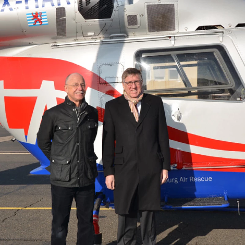 Minister François Bausch visiting Luxembourg Air Rescue with René Closter during a tour of the air rescue base at Findel Airport.