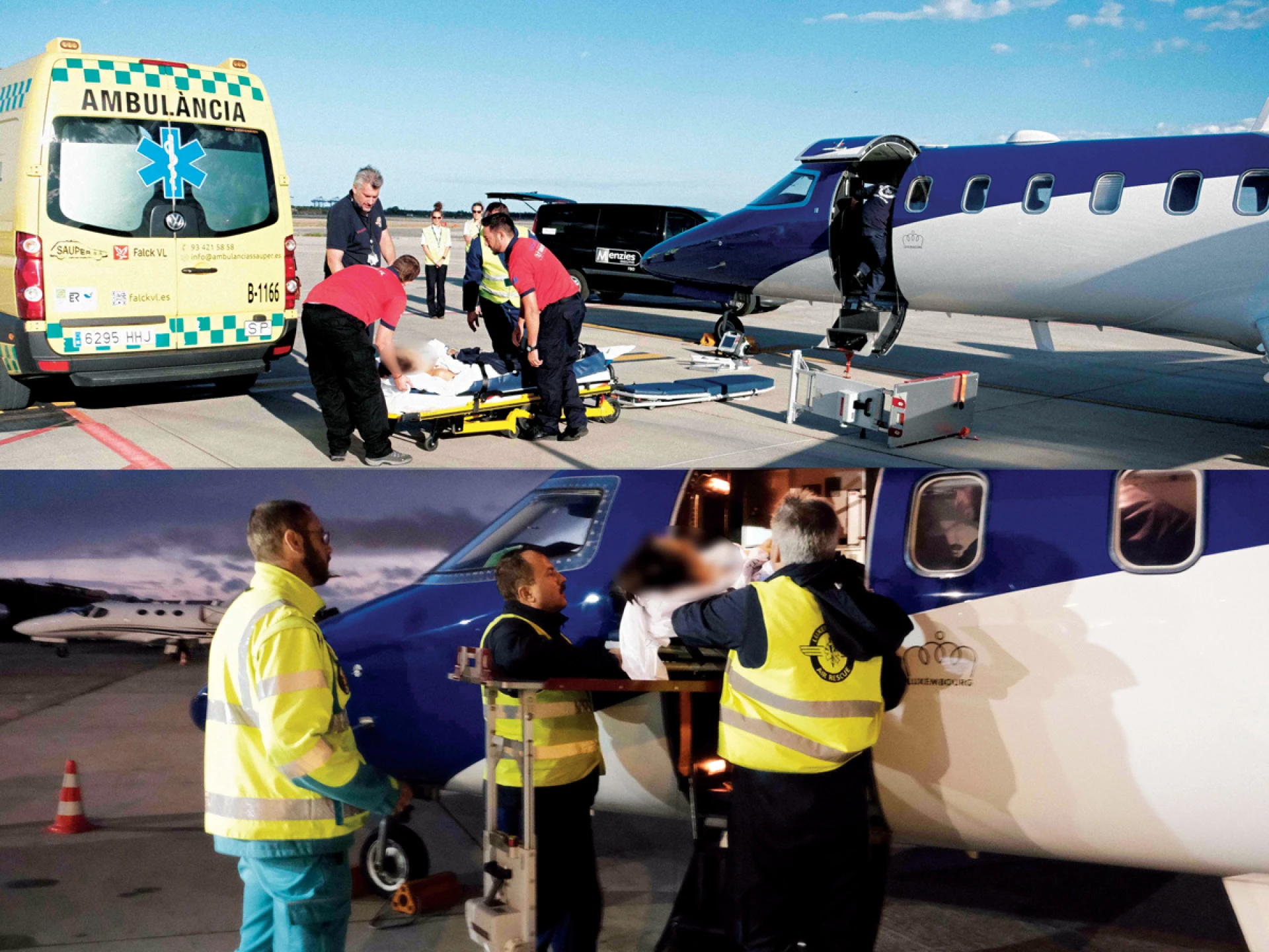 Luxembourg Air Rescue medical team transferring a patient on a stretcher from an ambulance into an air ambulance aircraft for medical repatriation.