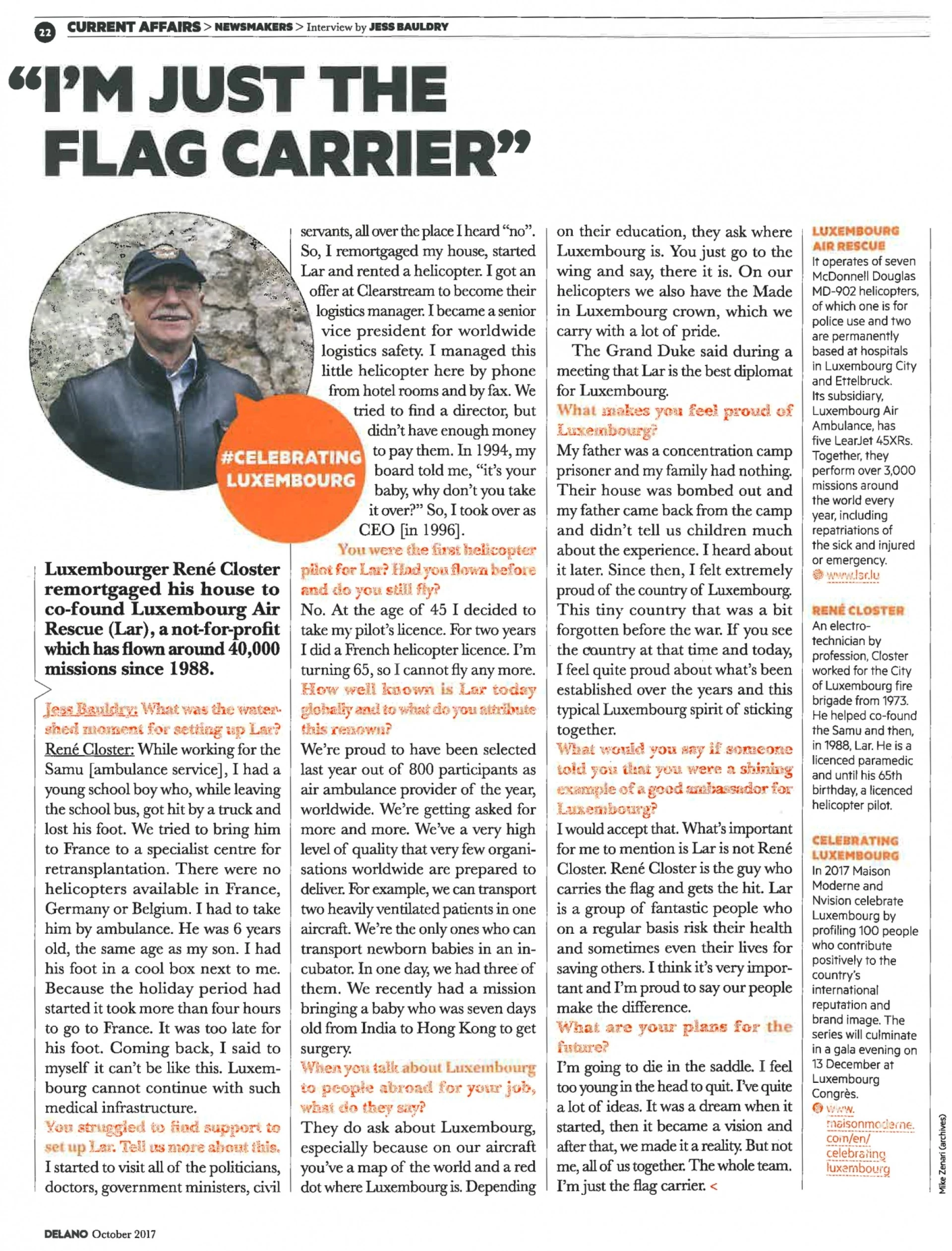 Screenshot of a Delano magazine article featuring an interview about Luxembourg Air Rescue and its international air ambulance operations.