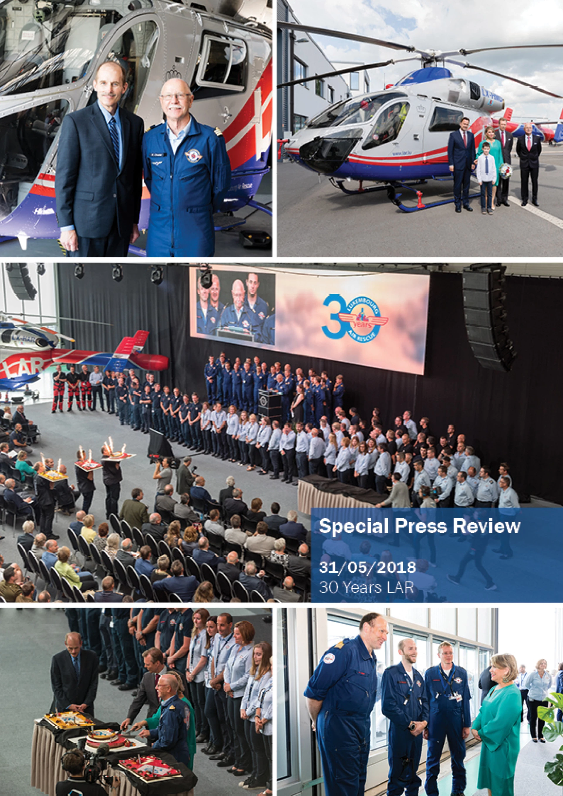 Fotocollage zum 30-jährigen Jubiläum von Luxembourg Air Rescue mit Hubschraubern, Team und offizieller Feier.
