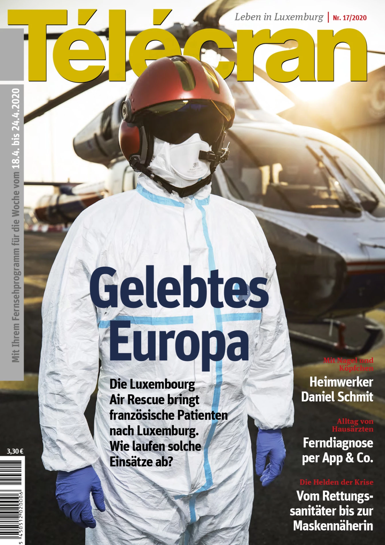 Télécran magazine cover featuring a Luxembourg Air Rescue rescuer in protective gear standing in front of a rescue helicopter.