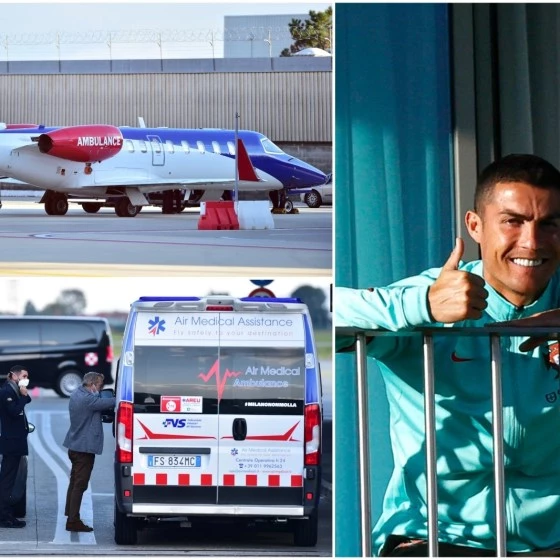 Collage showing a Luxembourg Air Rescue air ambulance jet, a medical ambulance on the tarmac and Cristiano Ronaldo waving from a balcony.