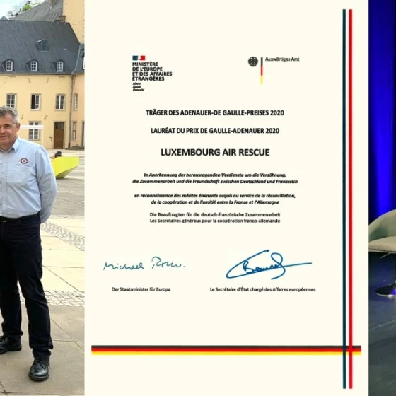 Photo collage showing a Luxembourg Air Rescue team receiving an official award, including a certificate and a stage ceremony.