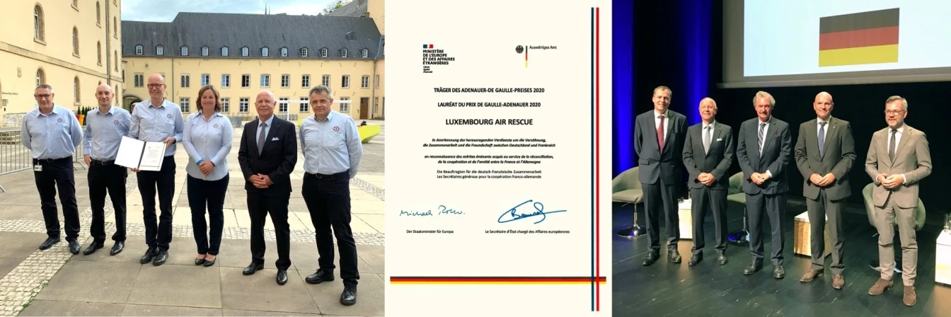 Montage photo montrant une équipe de Luxembourg Air Rescue recevant un prix officiel, avec certificat et cérémonie sur scène.
