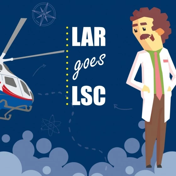 Promotional illustration showing a Luxembourg Air Rescue helicopter flying on the left and a cartoon scientist in a lab coat standing on the right. The text “LAR goes LSC” appears in the center. Logos for Luxembourg Air Rescue and Luxembourg Science Center are visible. A yellow circle invites visitors with “Come in and find out,” and the date “08–30 October” is displayed. The background is dark blue with clouds and science-themed icons.