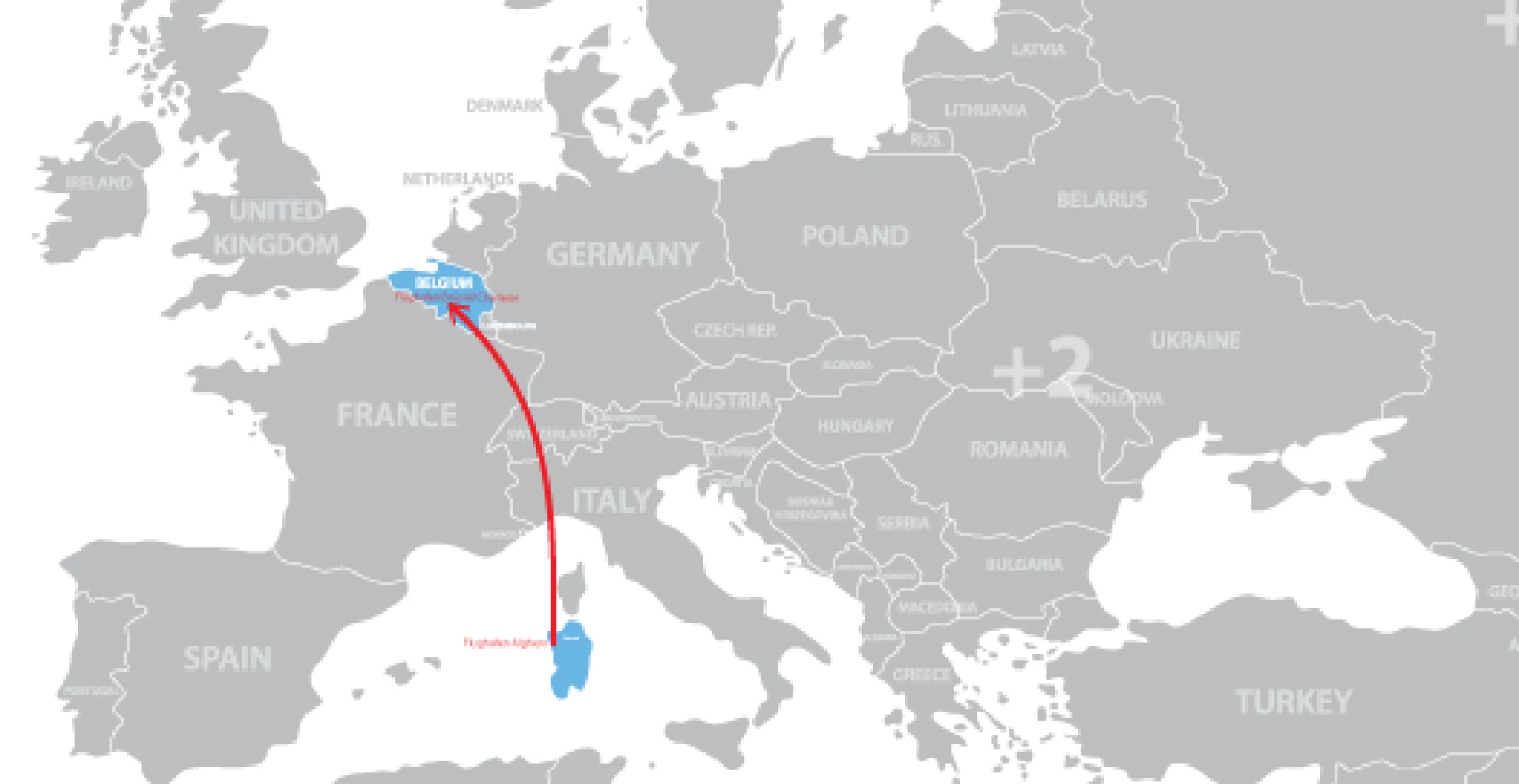 Carte de l’Europe montrant un itinéraire aérien entre le nord et le sud du continent
