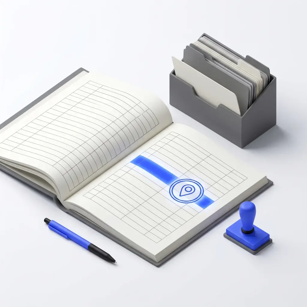 Open ledger book with blue highlighted row and location icon, pen, blue stamp, and index card holder.