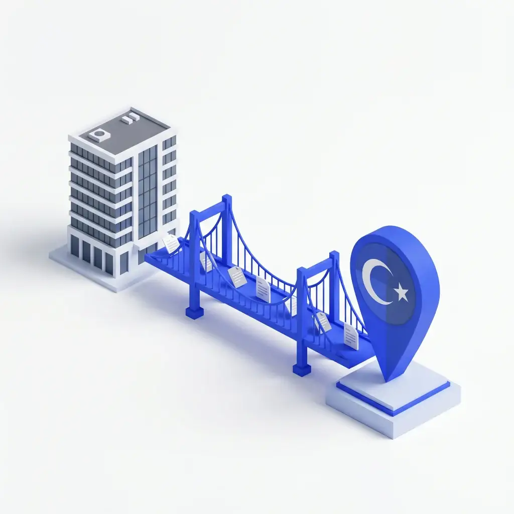 Blue suspension bridge connecting a building to a location marker with a crescent and star symbol.