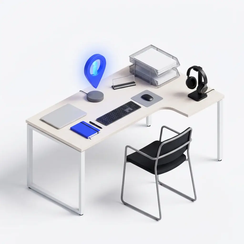 Modern office desk with laptop, keyboard, mouse, notebooks, headset, and paper trays on a light wood surface.