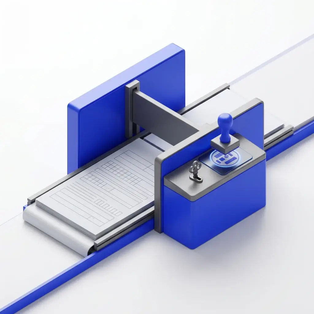 Blue and gray automated checkpoint gate with stamp and documents on a conveyor belt.