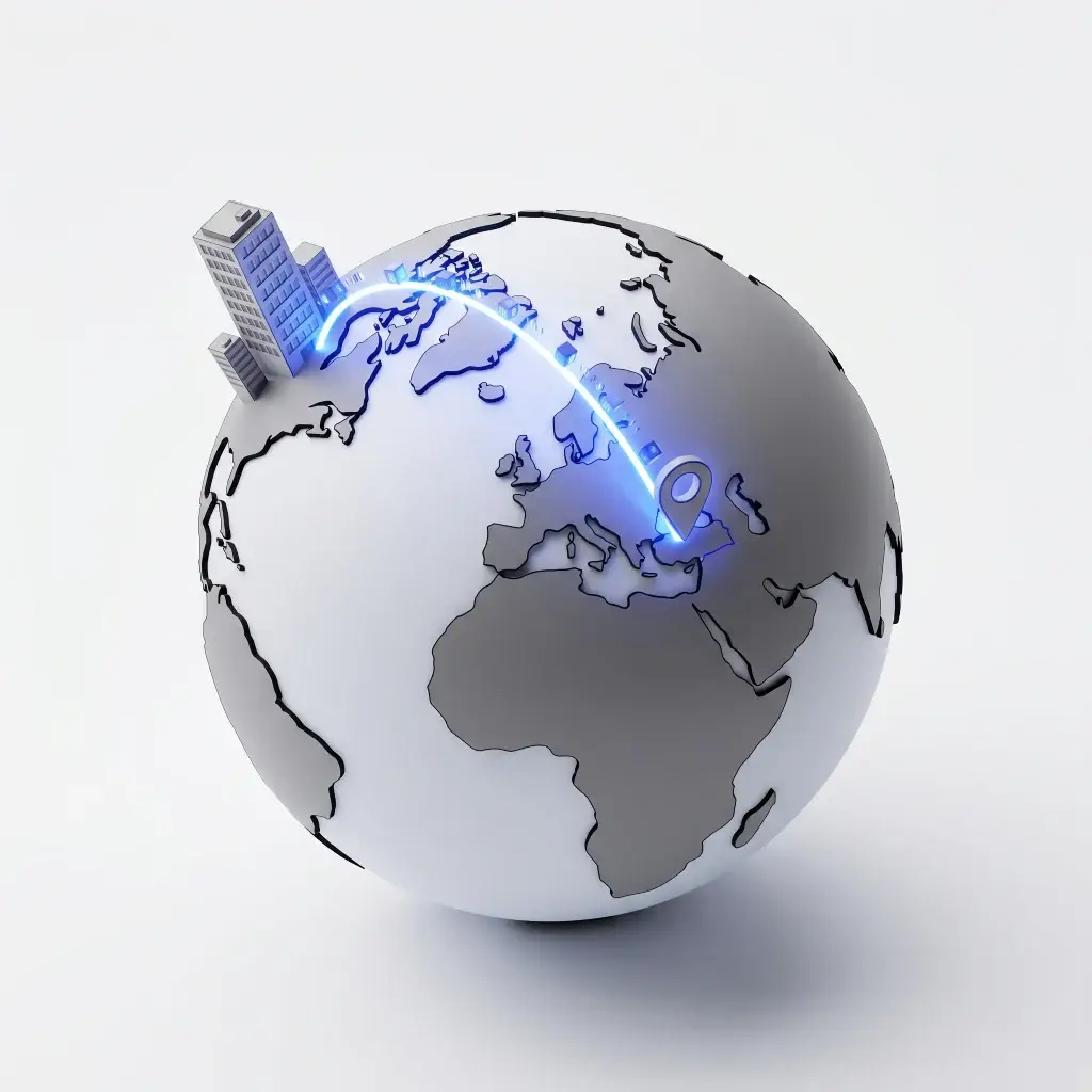 3D globe showing a glowing blue data connection from Europe to a building in North America.