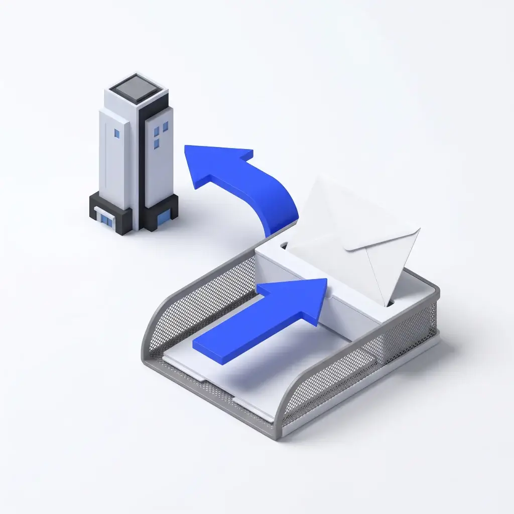 White envelope in a mesh inbox tray with blue arrows pointing toward a tall office building.