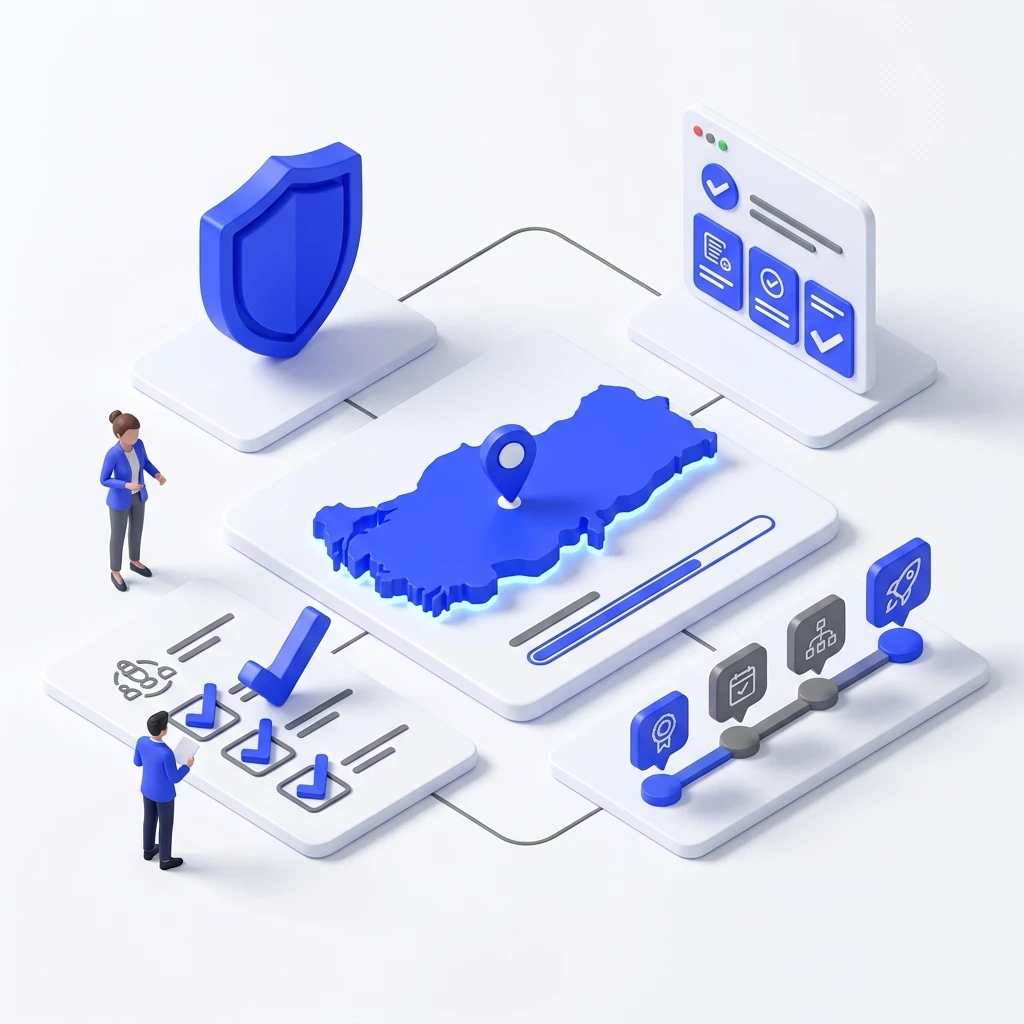 3D illustration of people, shield, checklist, and map with a location pin connected in a network.