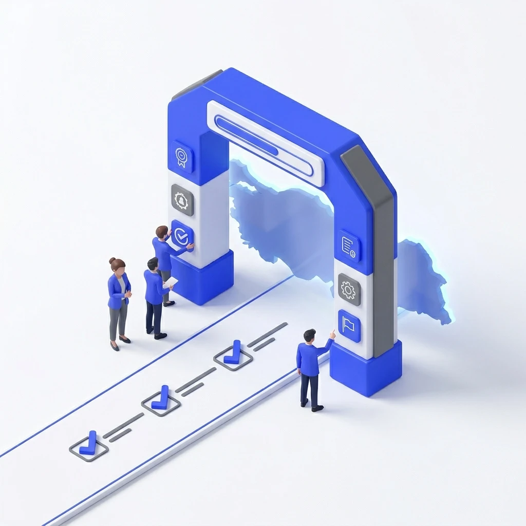 Isometric figures checking off tasks on a conveyor going through a blue gate shaped like a map of Turkey.