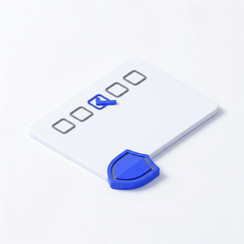 Checklist with one blue checkmark and a blue shield icon at the bottom right corner.