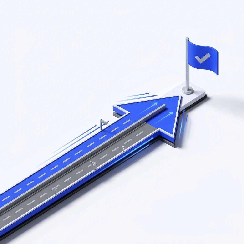 Blue arrow-shaped road with arrows pointing forward leading to a flag with a checkmark.