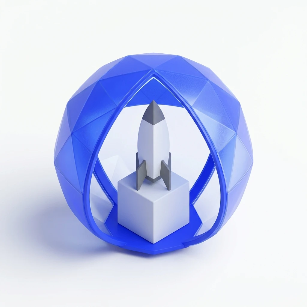 3D rocket model inside a blue geometric dome on a white background.