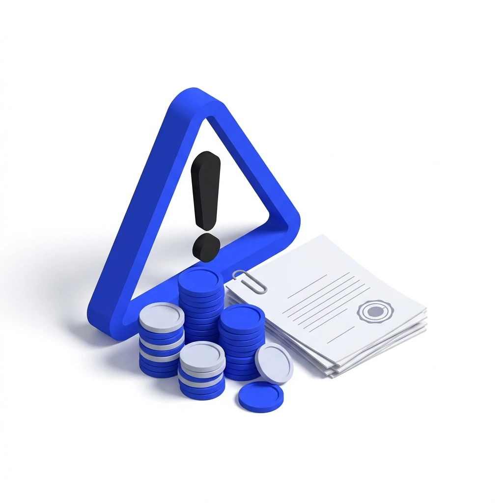 Blue warning sign with black exclamation, stacks of blue coins, and paper documents with a seal.