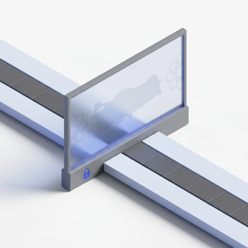 Two conveyor belts separated by a translucent screen with a lock and a map on it.