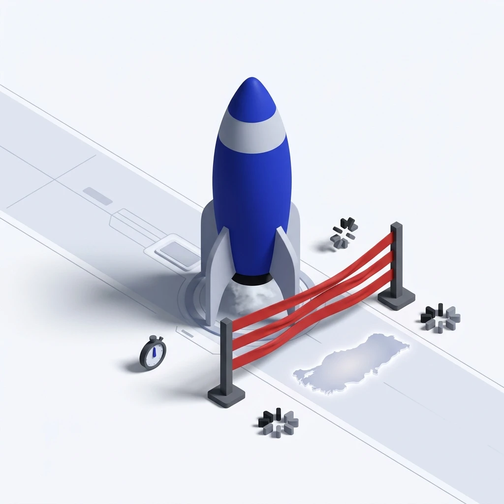 Blue and white rocket on launchpad blocked by red barrier with stopwatch and gears nearby.