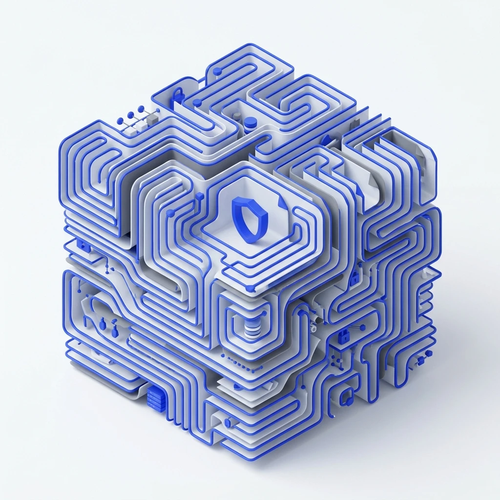 3D abstract cube with layered maze-like blue lines and a shield icon in the center.