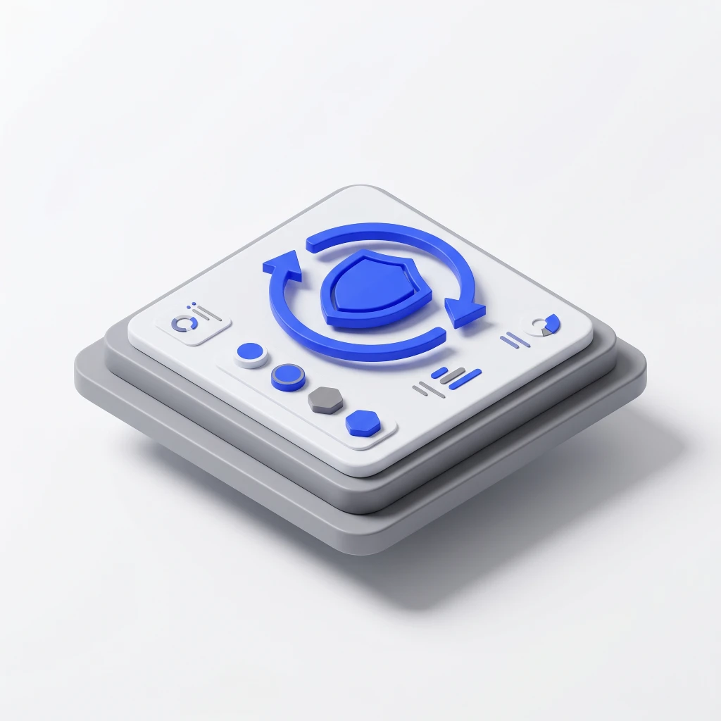 3D icon of a blue shield with circular arrows around it on a gray and white layered platform.
