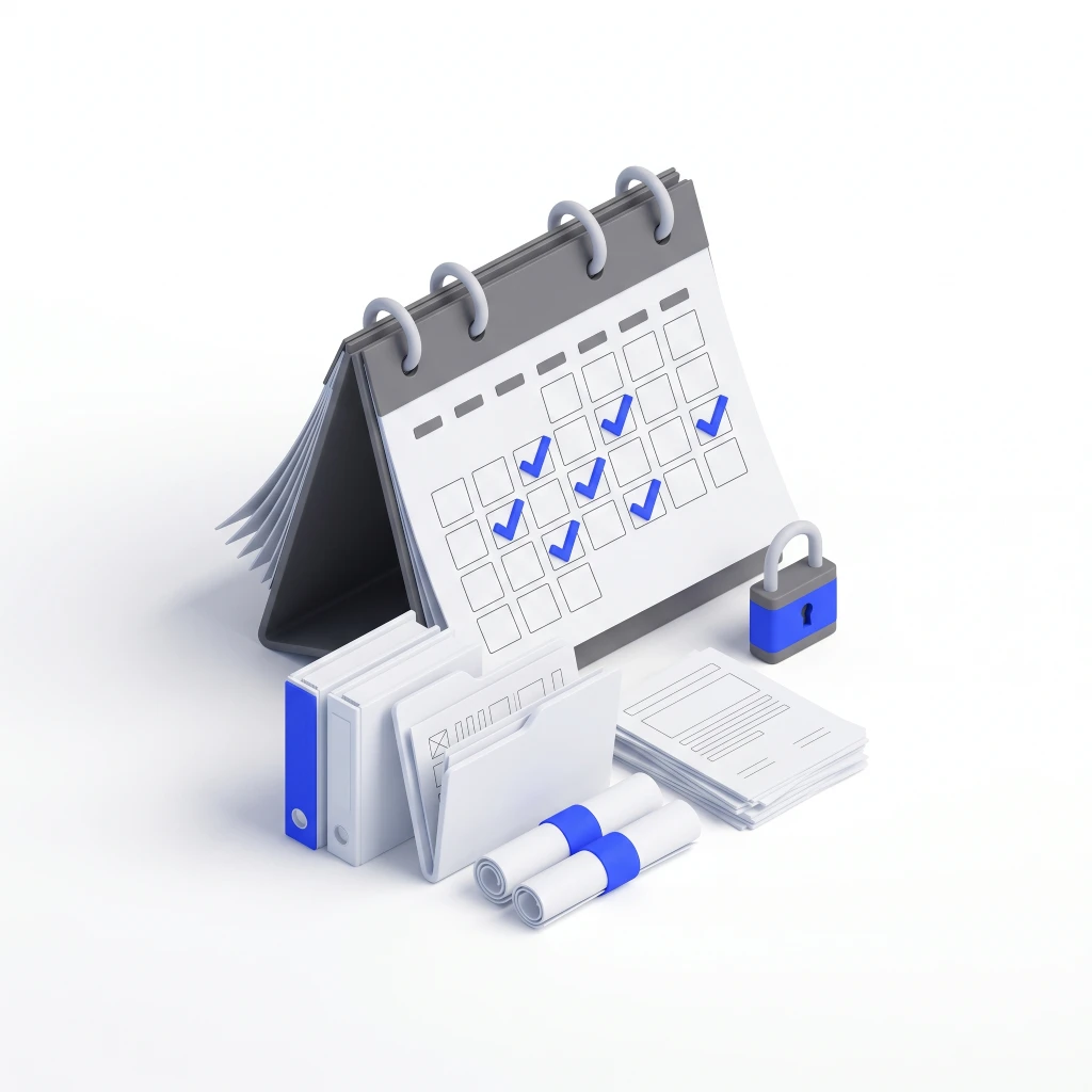 Desk calendar with blue checkmarks, folders, documents, rolled papers, and a lock symbolizing secure compliance.