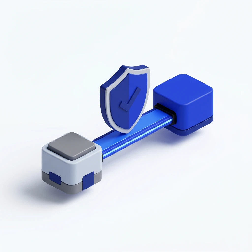 Blue and gray cubes connected by a blue beam with a shield and checkmark symbol in the center.