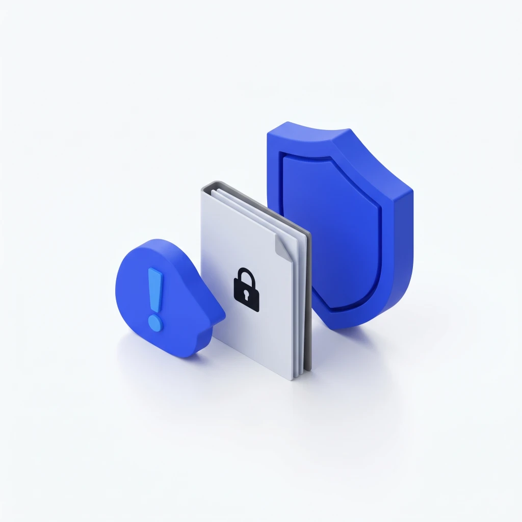 Blue shield, folder with lock symbol, and exclamation mark icon on a white background.