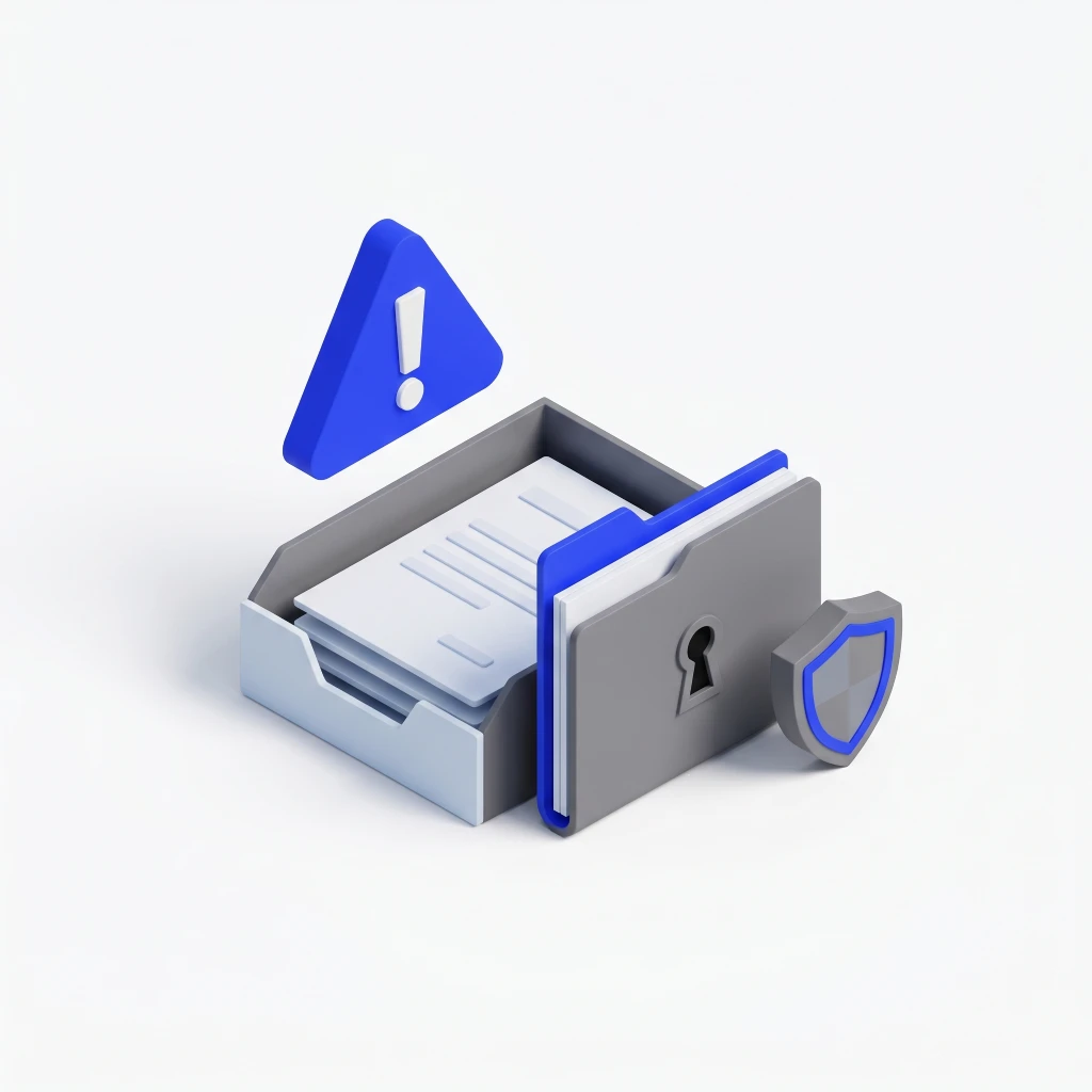 Folder with lock icon, a shield, and a floating blue warning sign with an exclamation mark