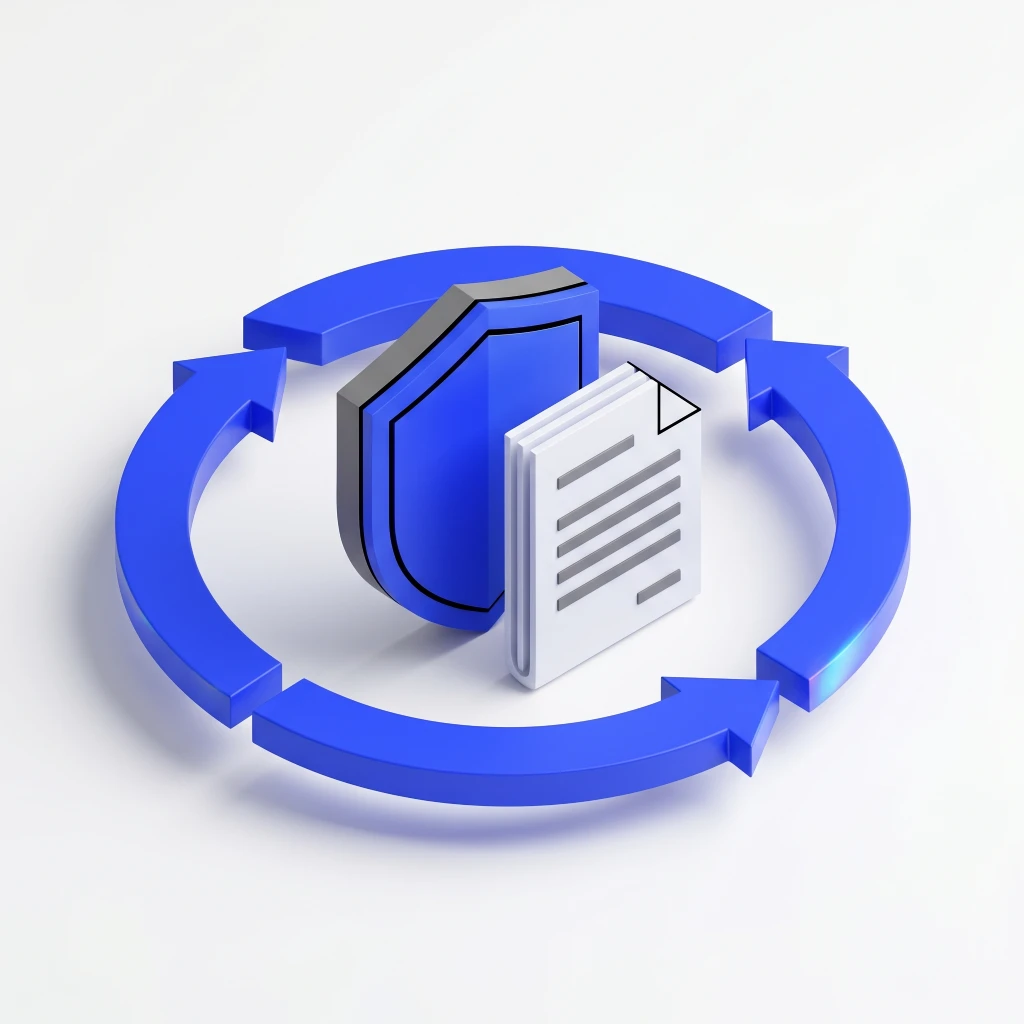 Blue cycle arrows surrounding a shield icon and a document with text lines on a white background.