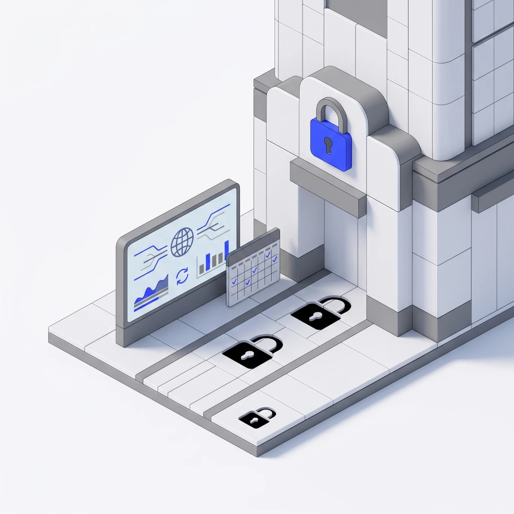 3D lock icons and analytics screen near a secured building entrance with a blue padlock symbol.